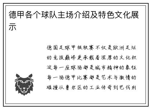 德甲各个球队主场介绍及特色文化展示