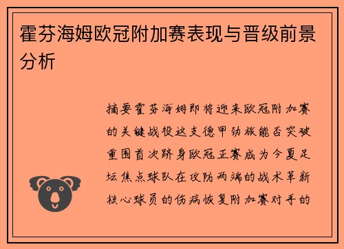 霍芬海姆欧冠附加赛表现与晋级前景分析
